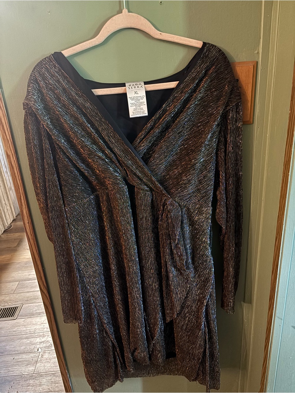 SERRA Metallic Multi-Shimmer Wrap Top in Black and Bronze